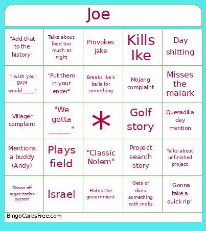 Jakes Bingo Card