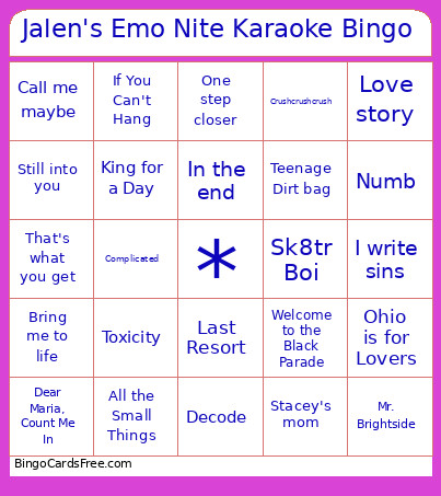 Jalen's Emo Nite Karaoke Bingo Card