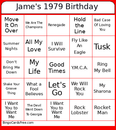 Jame's '79 B-Day Bingo Card