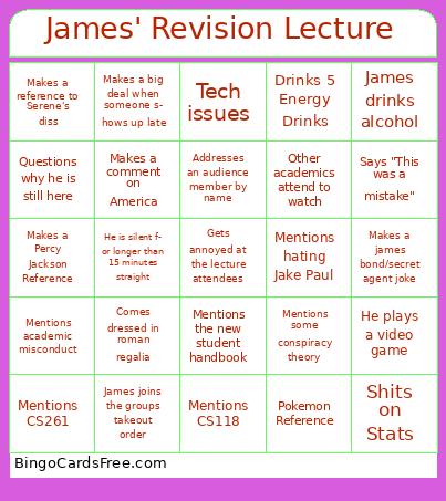 James' Revision Lecture Bingo