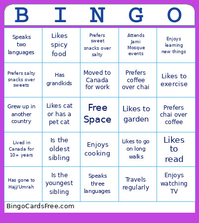 Jami Senior Social Club Bingo Card