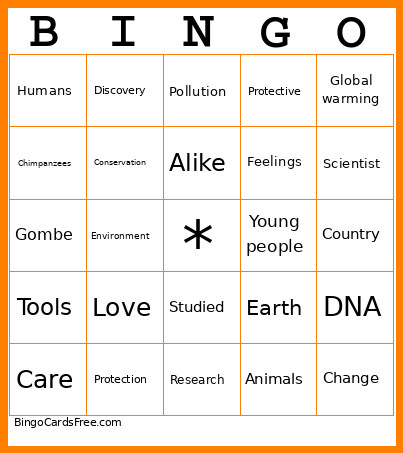Jane Goodall Bingo Card