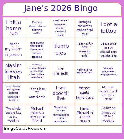 Jane’s 2026 Bingo Card