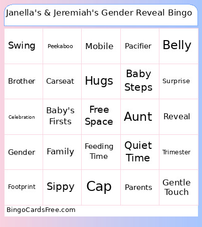 Janella's & Jeremiah's Gender Reveal Bingo Card