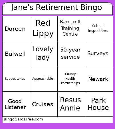 Jane's Retirement Bingo