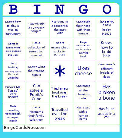 January Bingo Card