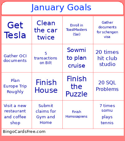 January Goals Bingo Card
