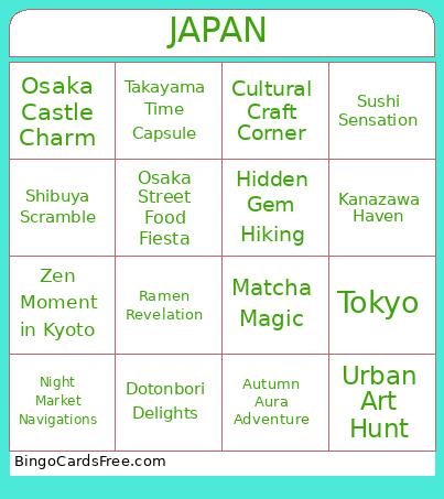 JAPAN Bingo Cards Free Pdf Printable Game, Title: JAPAN