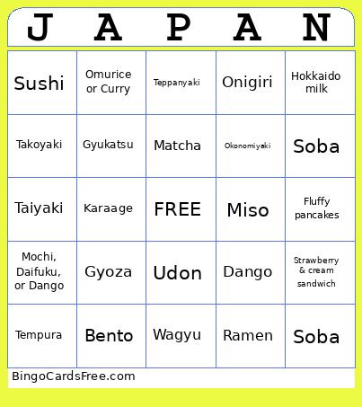 Japan food bingo