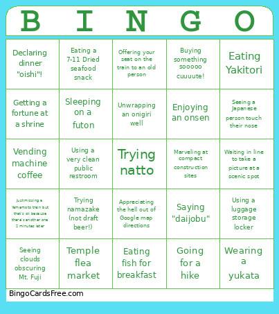 Japanese Tourist Bingo Card
