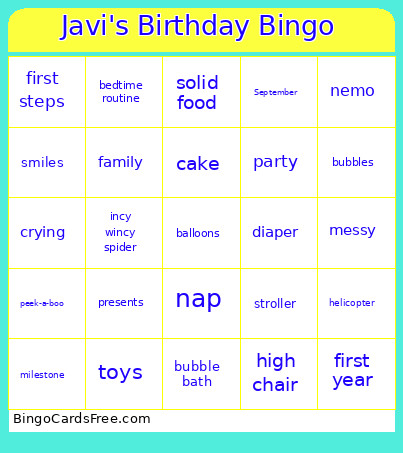 Javi's Birthday Bingo Card