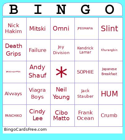 Jayes Music Bingo Card