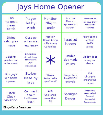 Jays Home Opener Bingo Card
