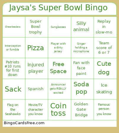 Jaysa's Super Bowl Bingo Card