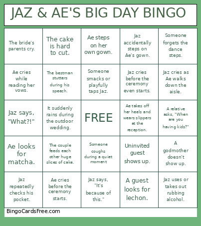 JAZ & AE'S BIG DAY Bingo Card