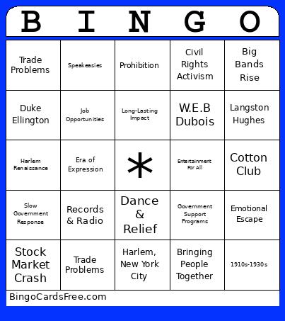 Jazz And The Great Depression Bingo Card