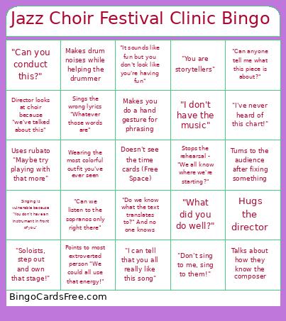 Jazz Choir Festival Clinic Bingo Card