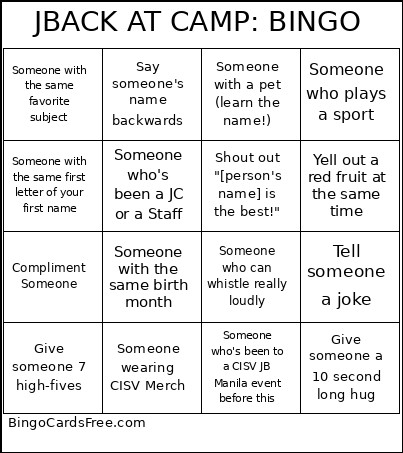 JBACK AT CAMP: Bingo Card