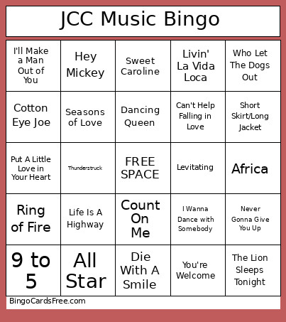 JCC Music Bingo Card