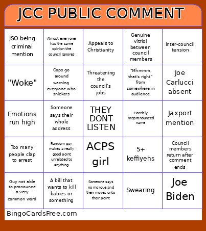 JCC PUBLIC COMMENT Bingo Card