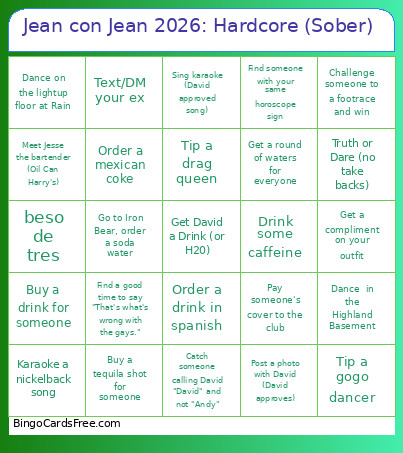 Jean Con Jean 2026: Hardcore (Sober) Bingo Card
