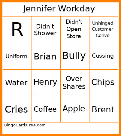 Jennifer Workday Bingo Card