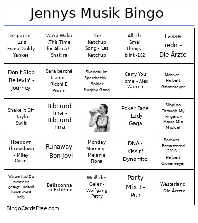 Jennys Musik Bingo Card