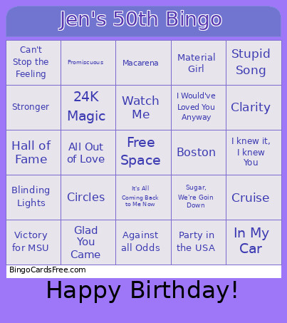 Jen's 50th Bingo Card