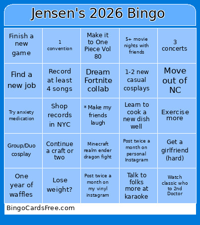 Jensen's 2026 Bingo Card