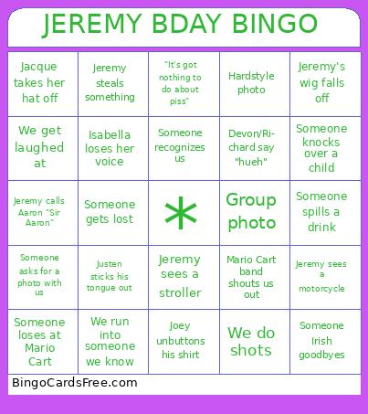 JEREMY BDAY BINGO