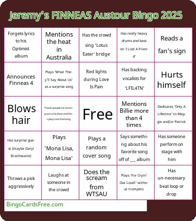 Jeremy's FINNEAS Austour Bingo 2025