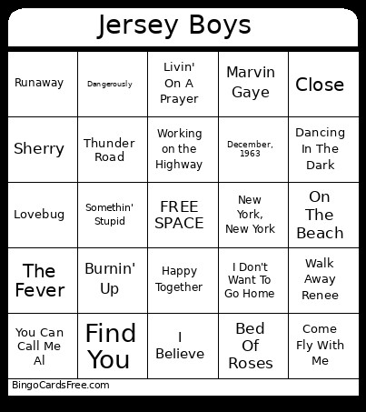 Jersey Boys Bingo Card