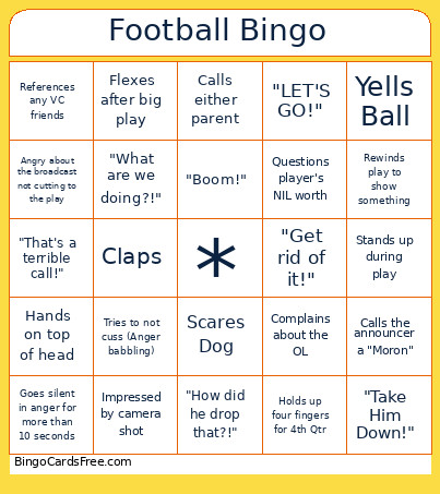 Jesse Football Behavior Bingo Card