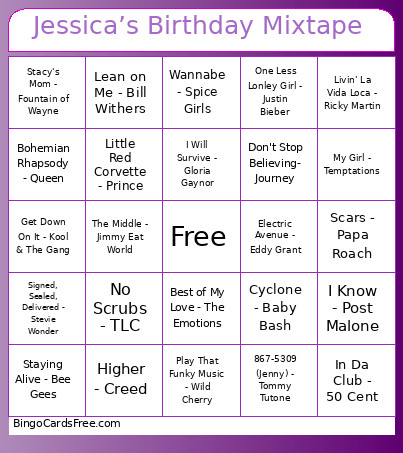 Jessica’s Birthday Mixtape Bingo Card
