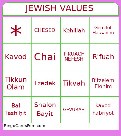 Jewish Values Bingo Card