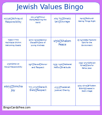 Jewish Values Bingo Card