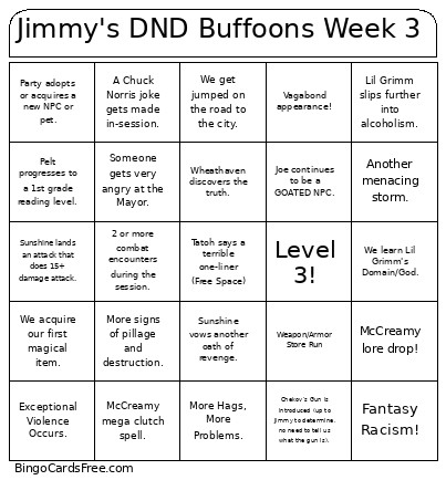 Jimmy's DND Buffoons Week 3 Bingo Card
