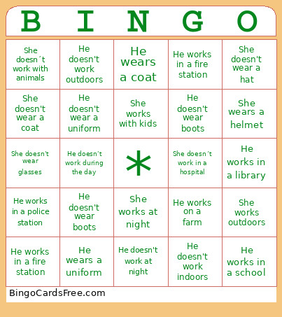 Jobs And Professions Bingo Card