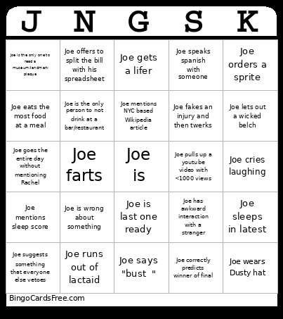 Joe Bach Party Bingo Card