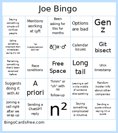 Joe Bingo Card