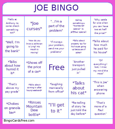 Joe Bingo Card