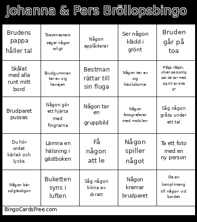 Johanna & Pers Bröllops Bingo Card