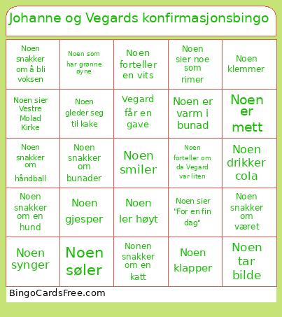 Johanne Og Vegards Konfirmasjons Bingo Card
