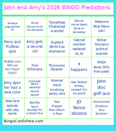 John And Amy's 2026 Predictions Bingo Card