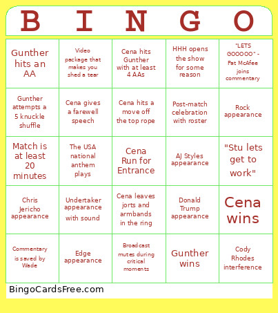 John Cena Final Match Bingo Card