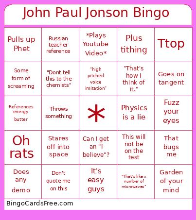John Paul Johnson Bingo Card