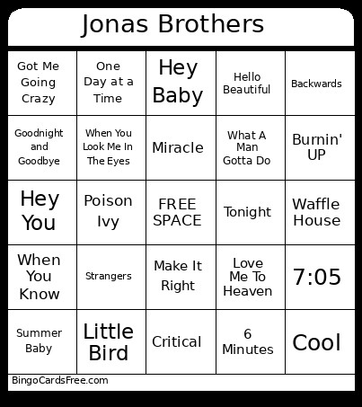 Jonas Brothers Bingo Card