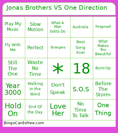 Jonas Brothers VS One Direction Bingo Card
