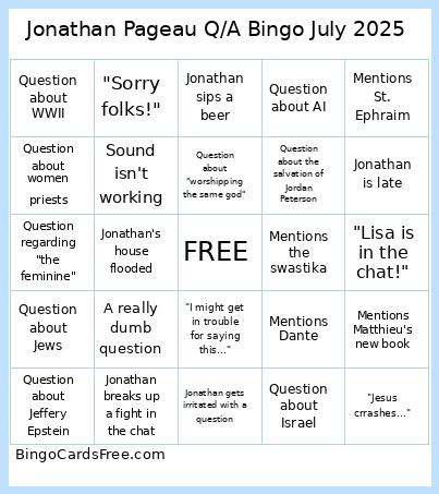 Jonathan Pageau Q/A Bingo July 2025 