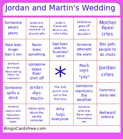 Jordan And Martin's Wedding Bingo Card